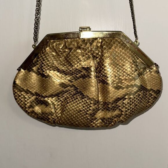 Vintage 80s Margolin gold snakeskin pattern crossbody bag with chain strap - Picture 3 of 8